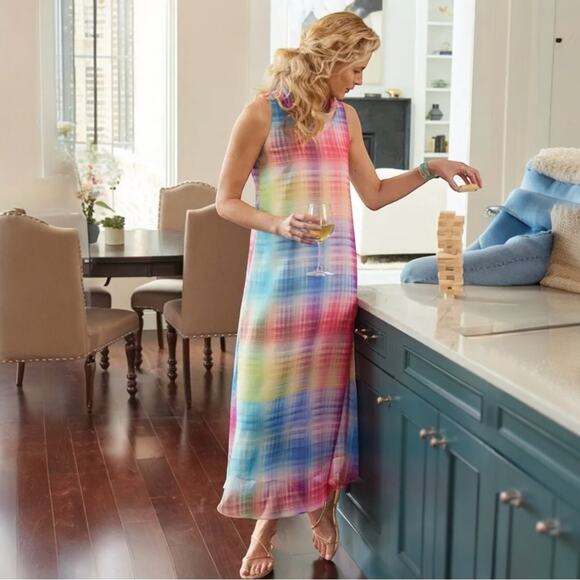 Soft Surroundings Carnevale Maxi Dress Sz S Oversized Rainbow Multi Plaid - Picture 1 of 8